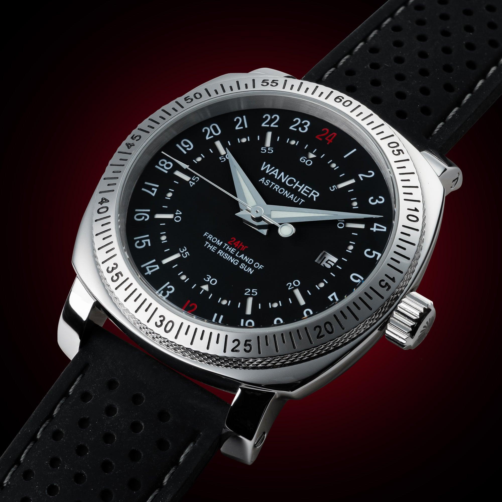 Automatic 24 hour tactical military watch with bold 24hr analog display and 24 hour watch movement, inspired by classic military 24 hour watches and Glycine Airman DC 4