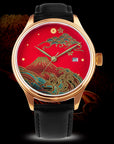 Bronze watch with red Japanese Urushi dial, Mount Fuji and wave design, black leather strap