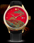 Gold watch with red Japanese Urushi dial, wave and mountain design, black leather strap