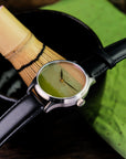 Japanese Urushi lacquer watch Dream Watch Chawan-Iro Matcha featuring artisanal Ishime Tsuishitsu Nuri Kinma dial by Master Hirota