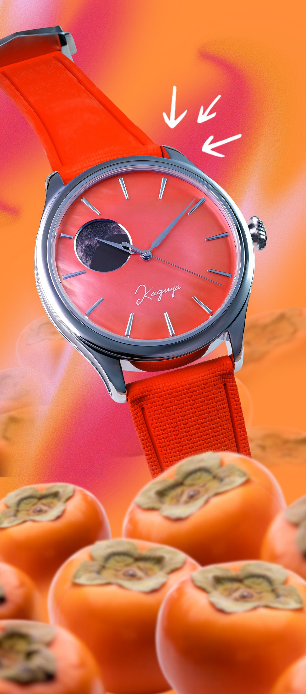 Watch with red strap and red face on a background of persimmons Dream Moonphase Kaguya Kaki Automatic H7m01 Moonphase Watch