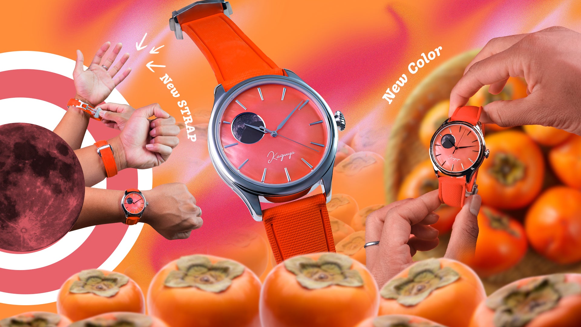 Watch with orange strap surrounded by hands and persimmons on a colorful background Dream Moonphase Kaguya Kaki Wancher Watch