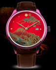 Luxury watch with red Japanese urushi dial, Mt. Fuji, gold waves, and brown leather strap