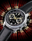 Luxury watch with black dial and leather strap on a dynamic background Wancher Tenji Chronograph Watch Meca Quartz Seiko VK64 Japanese Movement 38mm Chronograph from Japan