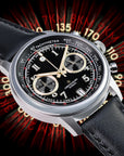 Luxury watch with black dial and leather strap on a dynamic background Wancher Tenji Chronograph Watch Meca Quartz Seiko VK64 Japanese Movement 38mm Chronograph from Japan