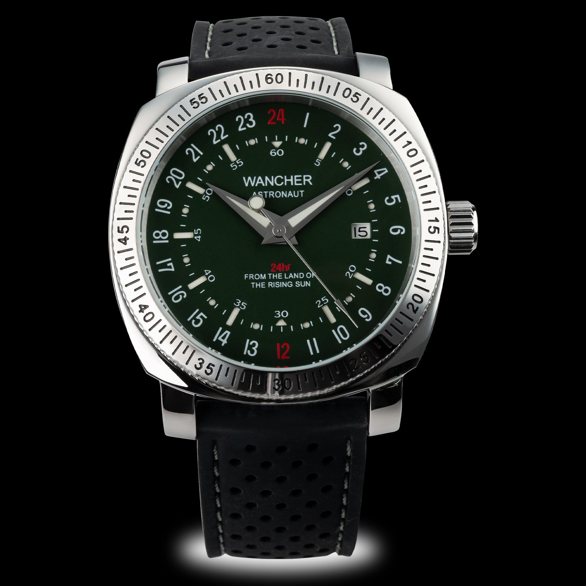 Automatic 24-hour military watch by Wancher with full 24h dial, robust 24 hour watch movement, and vintage military 24 hour watches style
