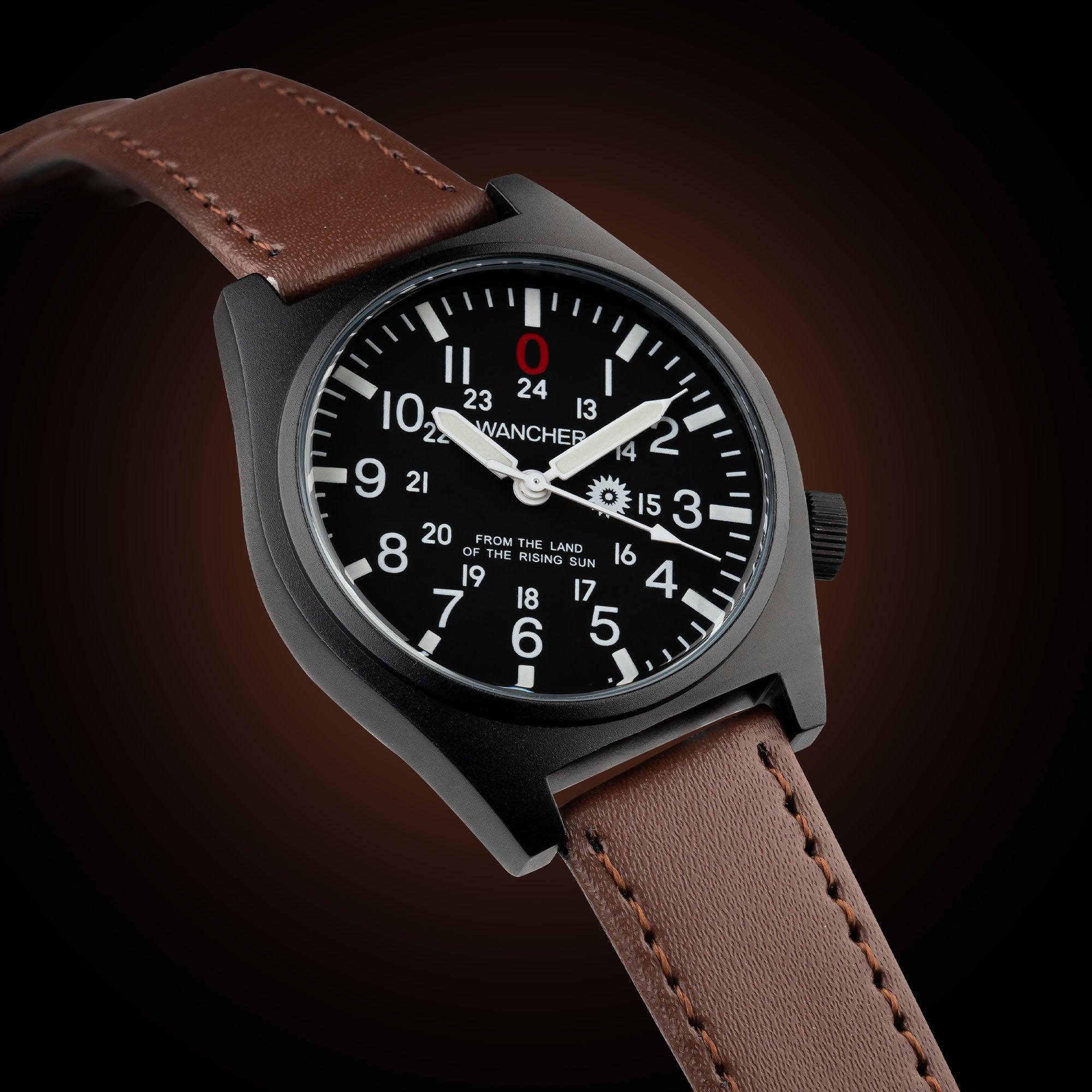 Side view of the Wancher Gurkha Field Watch with tilted dial – Ideal for collectors of rugged military-style watches