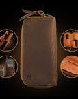 Luxury Dark brown and Yellow oiled deer leather travel pouch from Japan