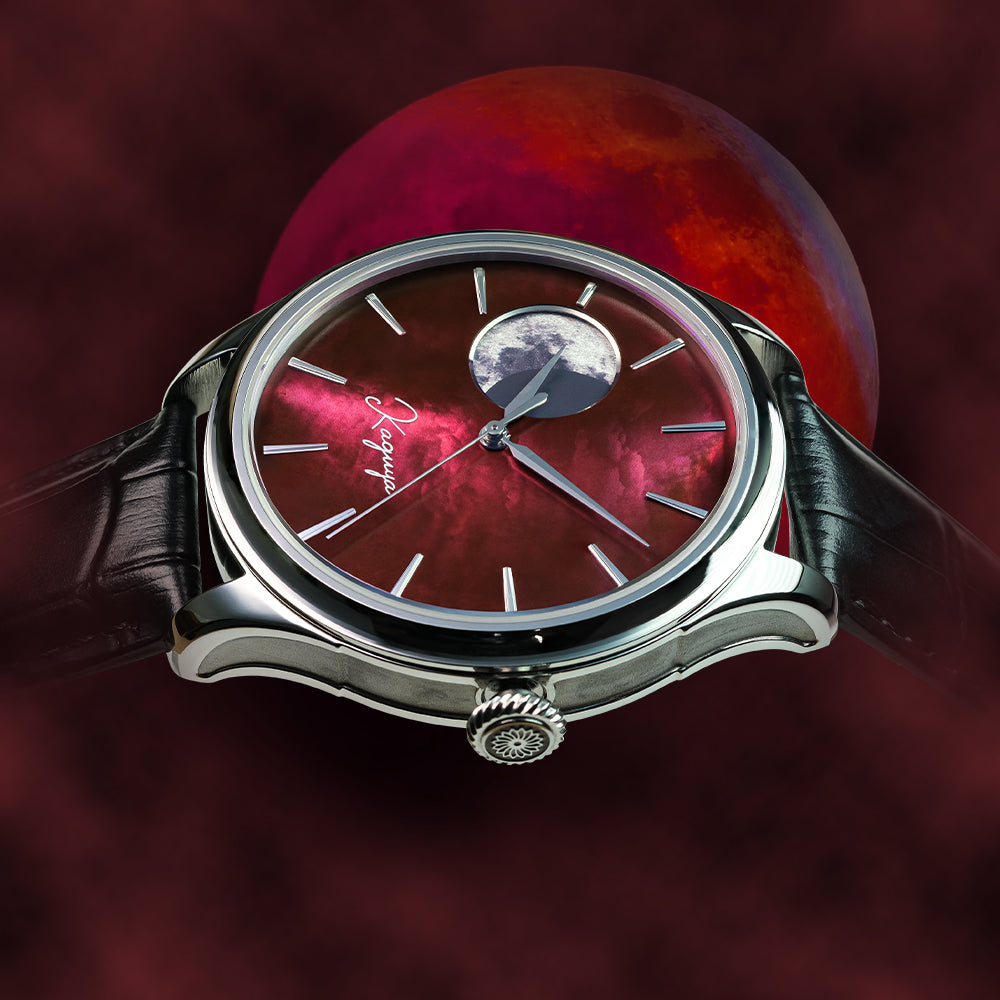 Watch with a red and black design on a dark background side shot of Elegant Wancher moonphase watch with red raden dial inspired by Japanese artistry