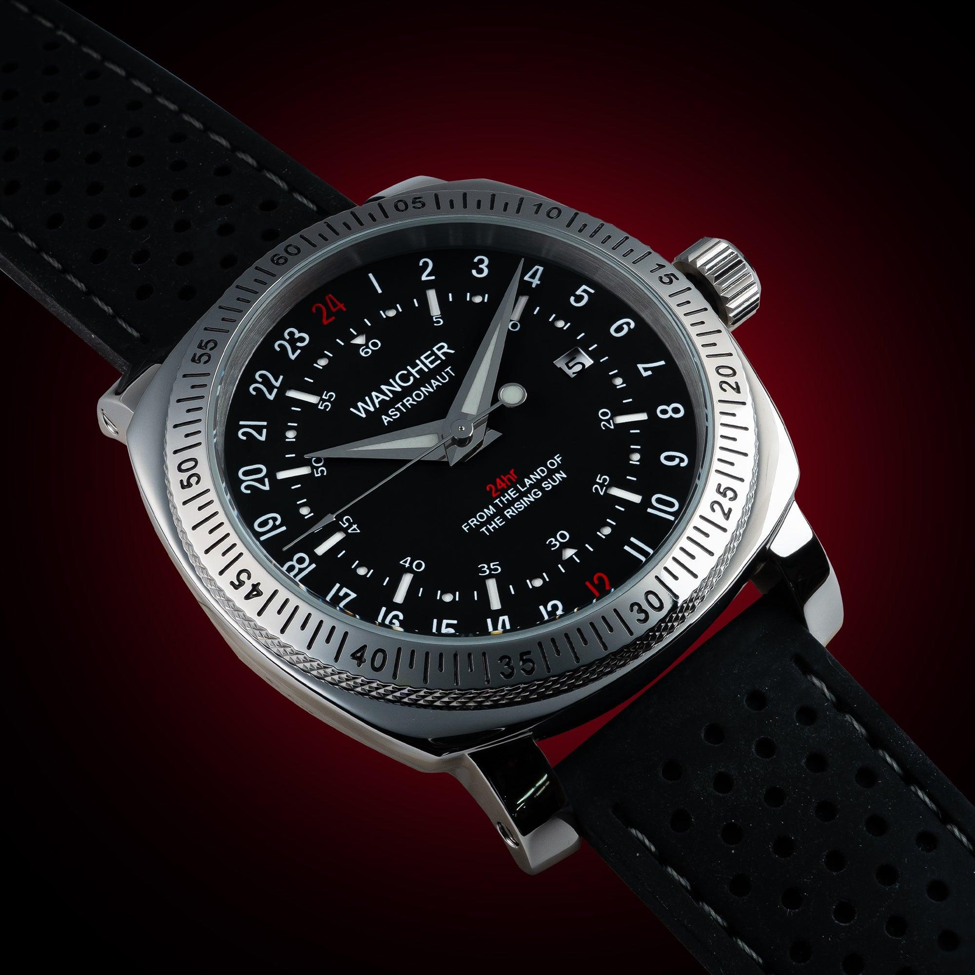 Wancher Astronaut 24 hour automatic military watch with 24hr analog dial, inspired by Glycine 24 Hour watch and Glycine Airman DC 4 – a bold 24h watch dial for tactical precision