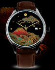 Luxury watch with red Japanese Urushi dial, Mt. Fuji and wave design, brown leather strap