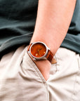 Wrist Shot of Dream Watch Byakudan Nuri Urushi Watch From Wancher Watch Hands in Pocket