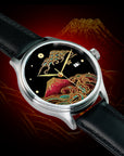 Maki-e watch for sale featuring Mount Fuji artwork in gold powder on black urushi lacquer, 42mm stainless steel case