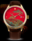 Urushi Maki-e watch with Mount Fuji artwork in 24-carat gold powder, Japanese lacquer watch by Wancher Dream Watch Fuji series