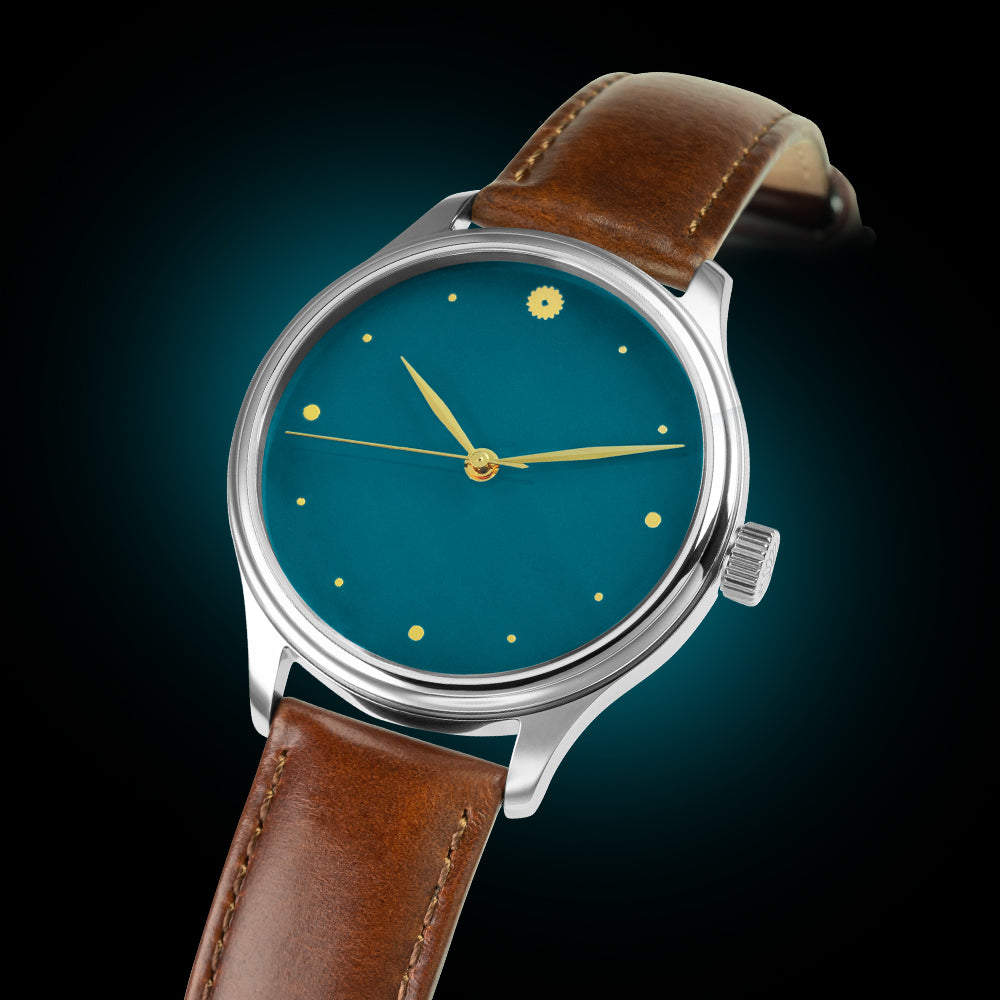 Close-up of hand-lacquered Urushi dial in deep gunjo blue