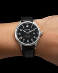 Product image of the Wancher Flugel Automatic Watch Miyota 9015 Pilot Watch, displayed on a human wrist to show its size and wearability.
