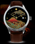 Japanese automatic watch with red Urushi dial, Mt. Fuji and wave design, brown leather strap