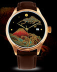 Bronze watch with red Japanese Urushi dial, Mount Fuji and wave design, black leather strap