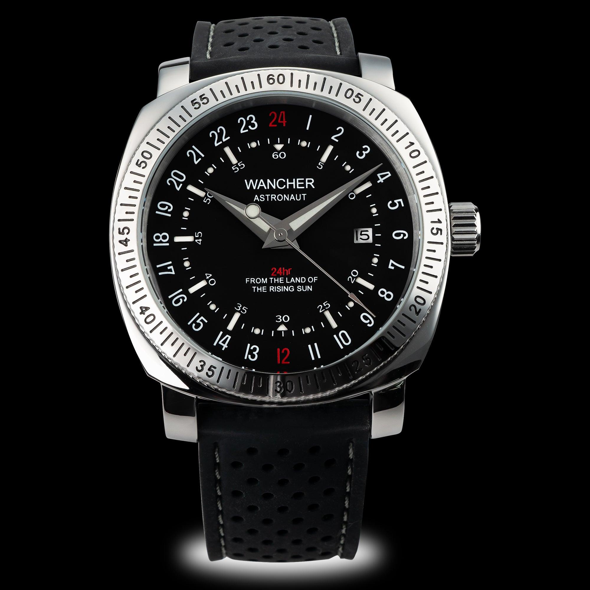 Wancher Astronaut 24-hour tactical military watch with automatic 24h movement and bold 24hr analog dial, inspired by Hamilton, Glycine army watches and built for precision