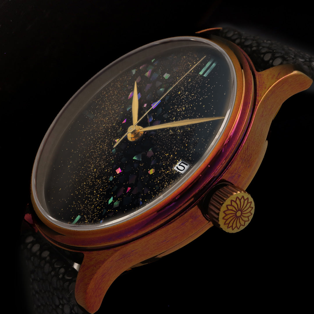 Dream Watch - Raden - Wancher Watch Wancher Watch Wancher Watch Dream Watch - Raden {{ Automatic Watch {{ Watch }} }} {{ Japan }} Wancher Dream Watch - Raden, featuring a beautifully crafted Raden Urushi dial with a shining, iridescent finish. The watch is powered by Miyota 9015 Mechanical Movement and features a Domed Sapphire Glass and Genuine Cowhide/Galuchat strap