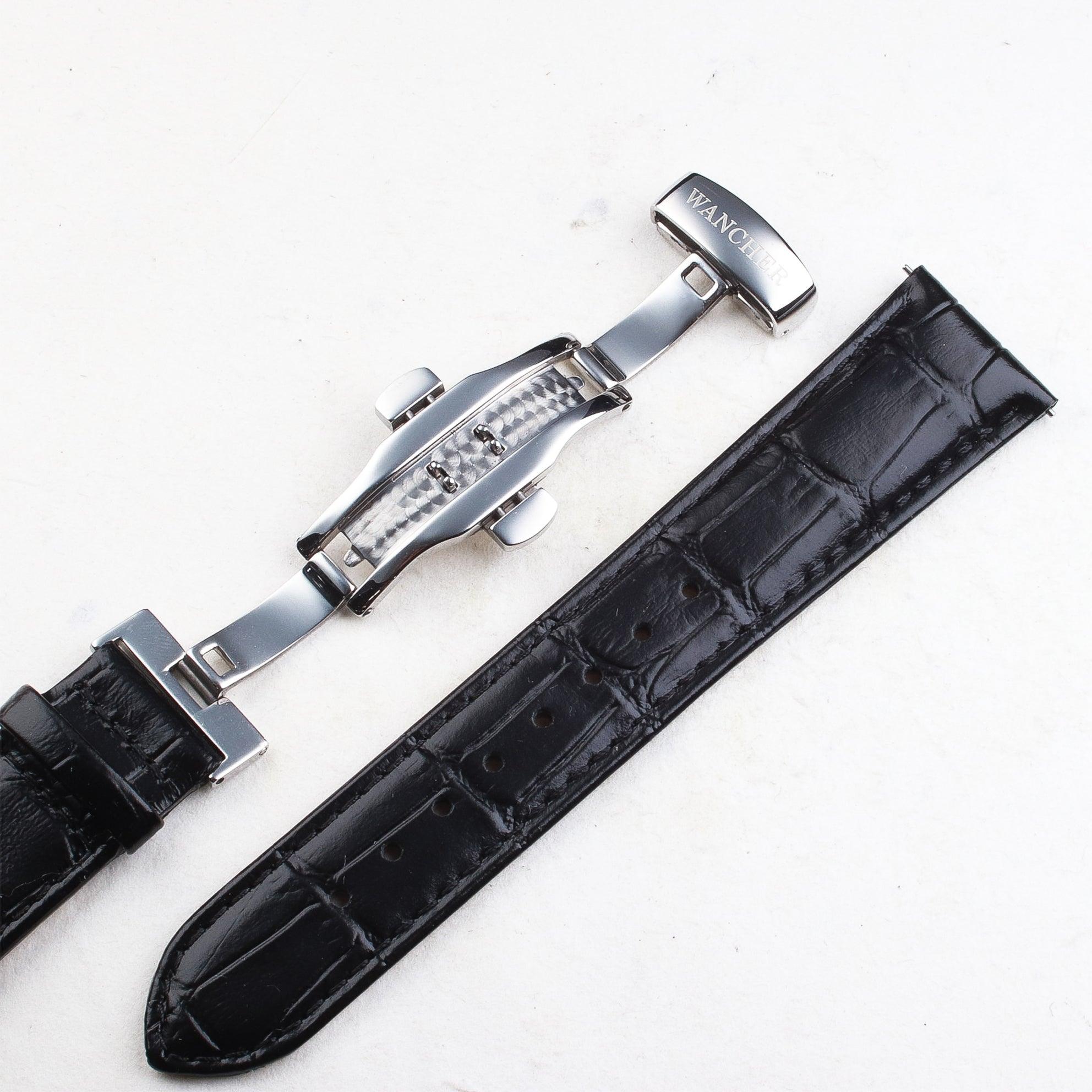 Italian Calfskin Leather Strap - Butterfly Buckle Clasp Type - 21mm - Wancher Watch