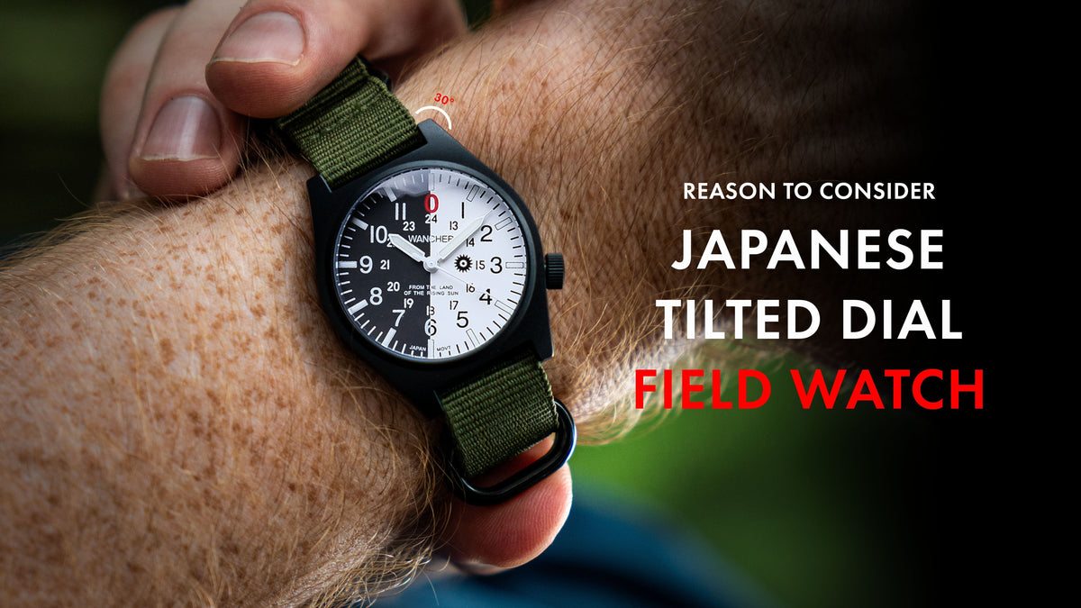 Wancher Gurkha tilted dial field watch worn on the wrist, with the 30-degree dial angled toward the wearer