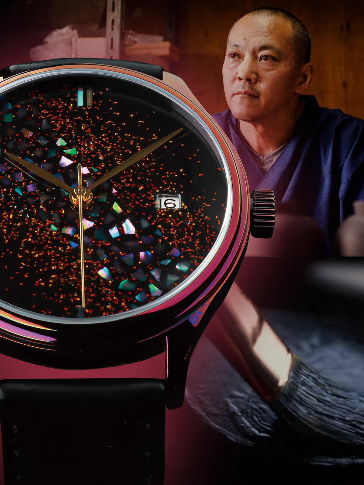A close-up of a dream watch raden wancher watch automatic Japanese urushi maki-e watch with a black dial covered in iridescent glitter and colorful reflective fragments, shown over a blurred background featuring a man in a purple shirt and a dark textured surface.