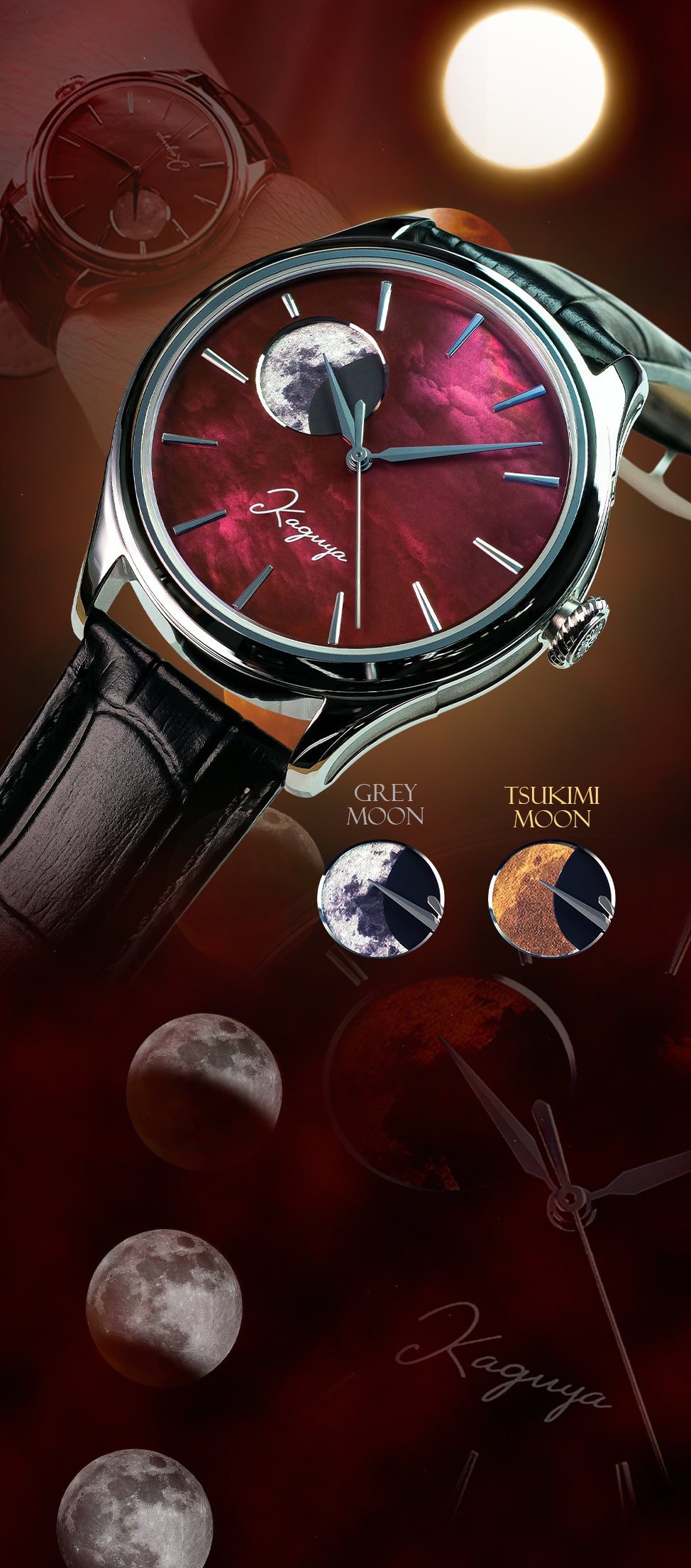Watch with a red face and black strap on a dark background with moon phases.  Dream Moonphase Kaguya AKANE Wancher Watch Wrist Watches