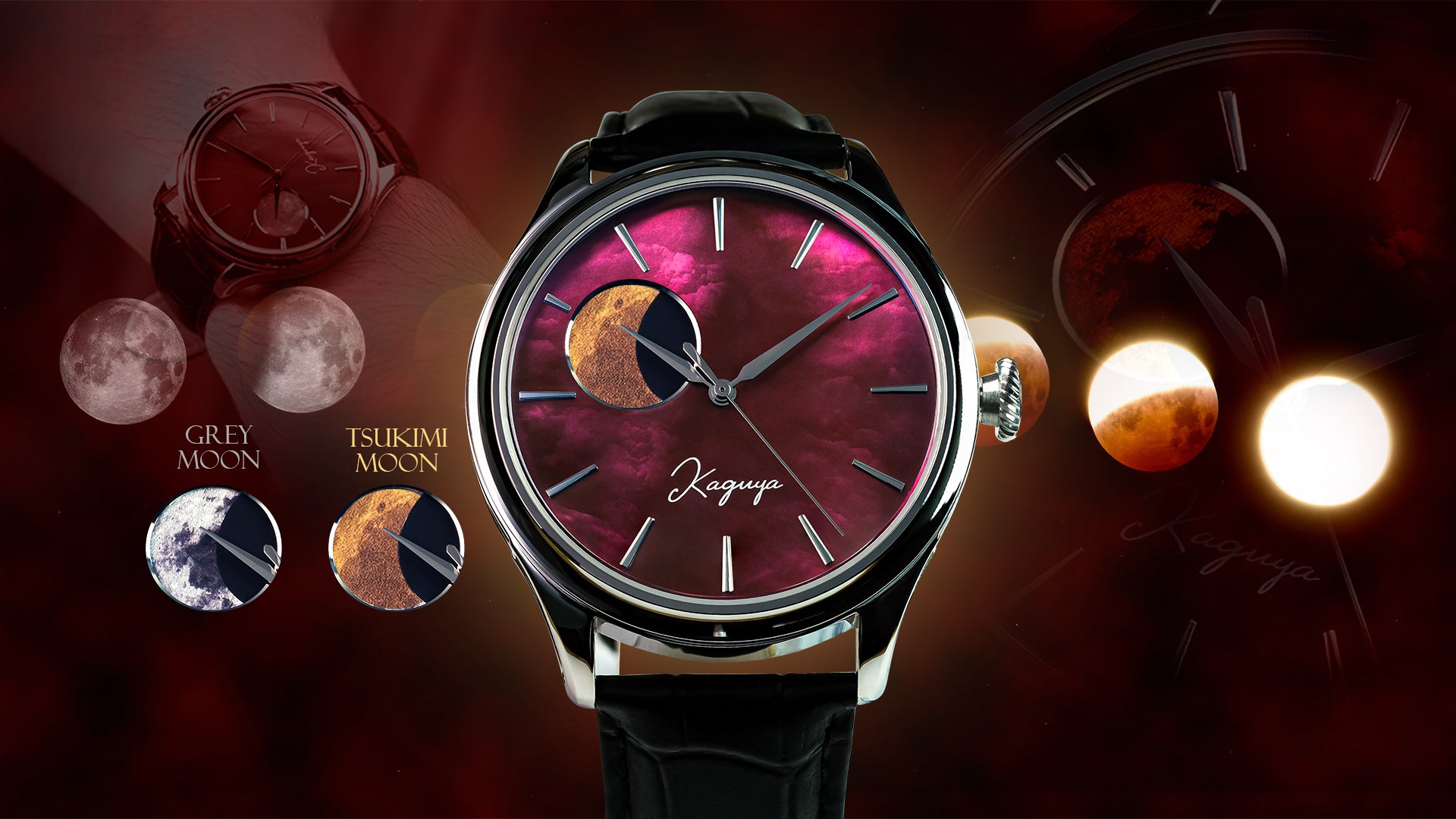 Watch with moon phase display on a dark background Dream moonphase Kaguya Akane Wancher Watch New 