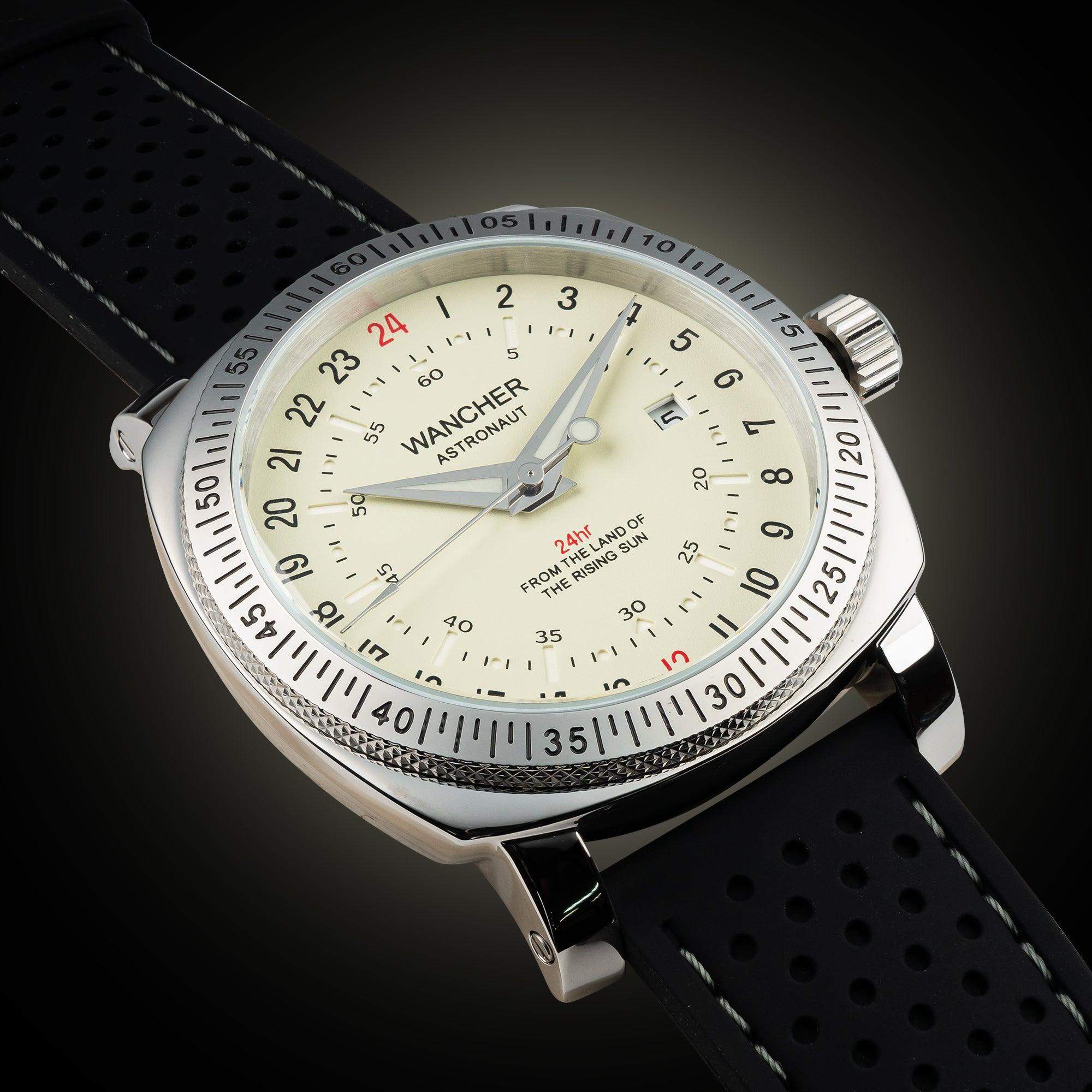 Professional-grade 24 hour military watch by Wancher featuring a 24h watch dial, automatic 24 movement, and design references to Glycine 24 Hour and Hamilton army watches