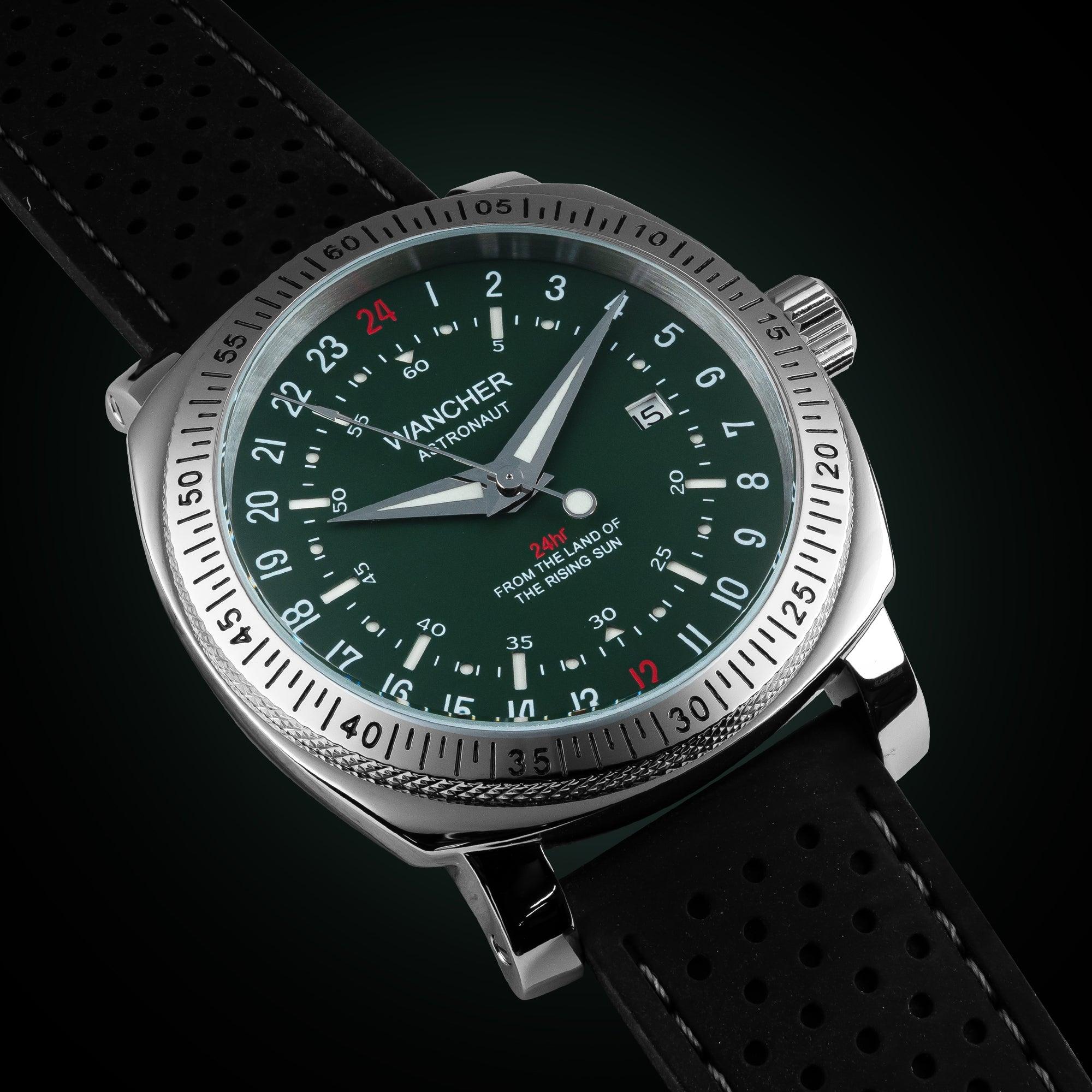 Best 24 hour dial watch from Wancher with aviation-inspired design, 24 hour automatic movement, and a nod to Glycine Airman DC 4 and vintage Hamilton army watch aesthetics