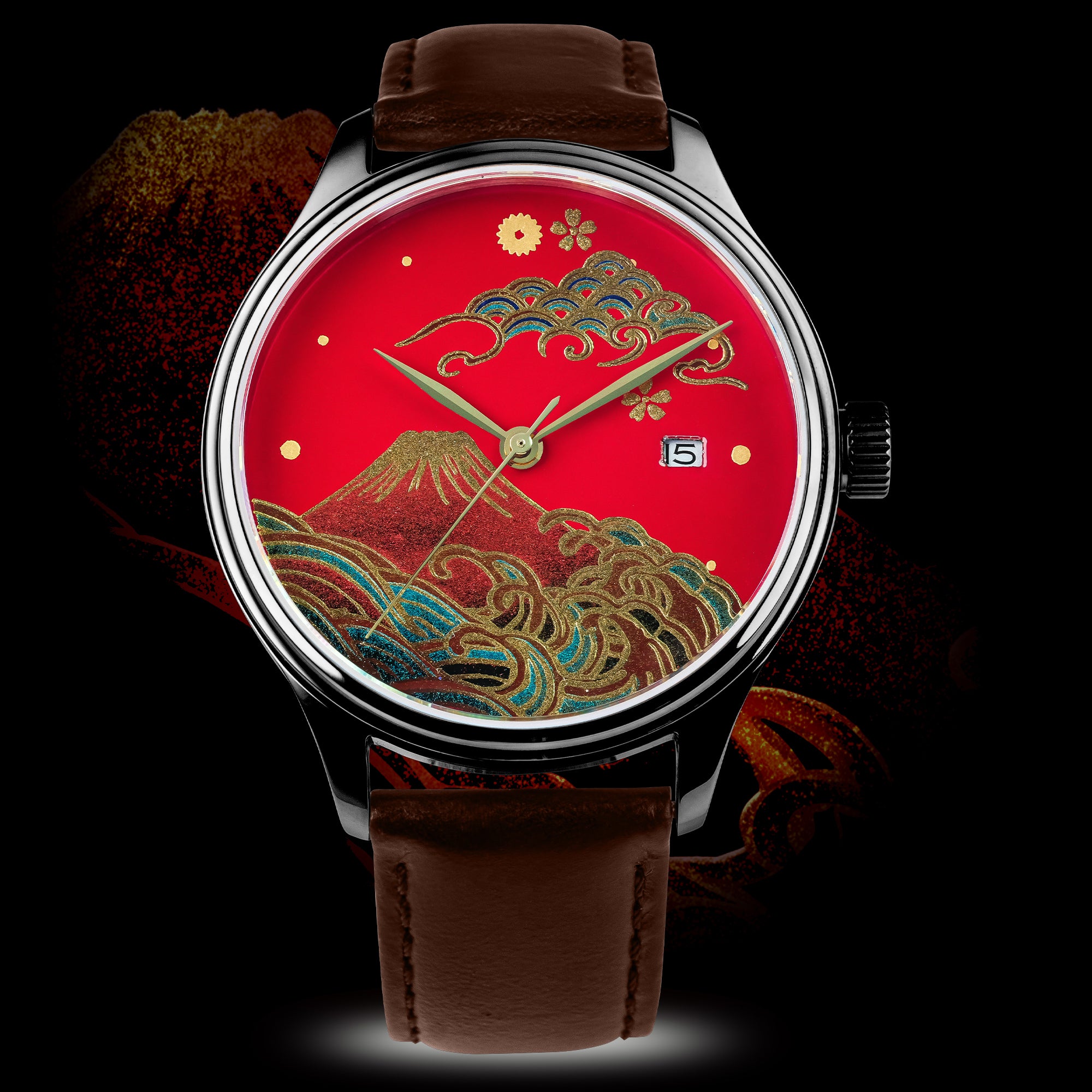 Luxury watch with red Japanese Urushi dial, Mt. Fuji and wave design, brown leather strap