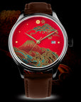 Luxury watch with red Japanese Urushi dial, Mt. Fuji and wave design, brown leather strap