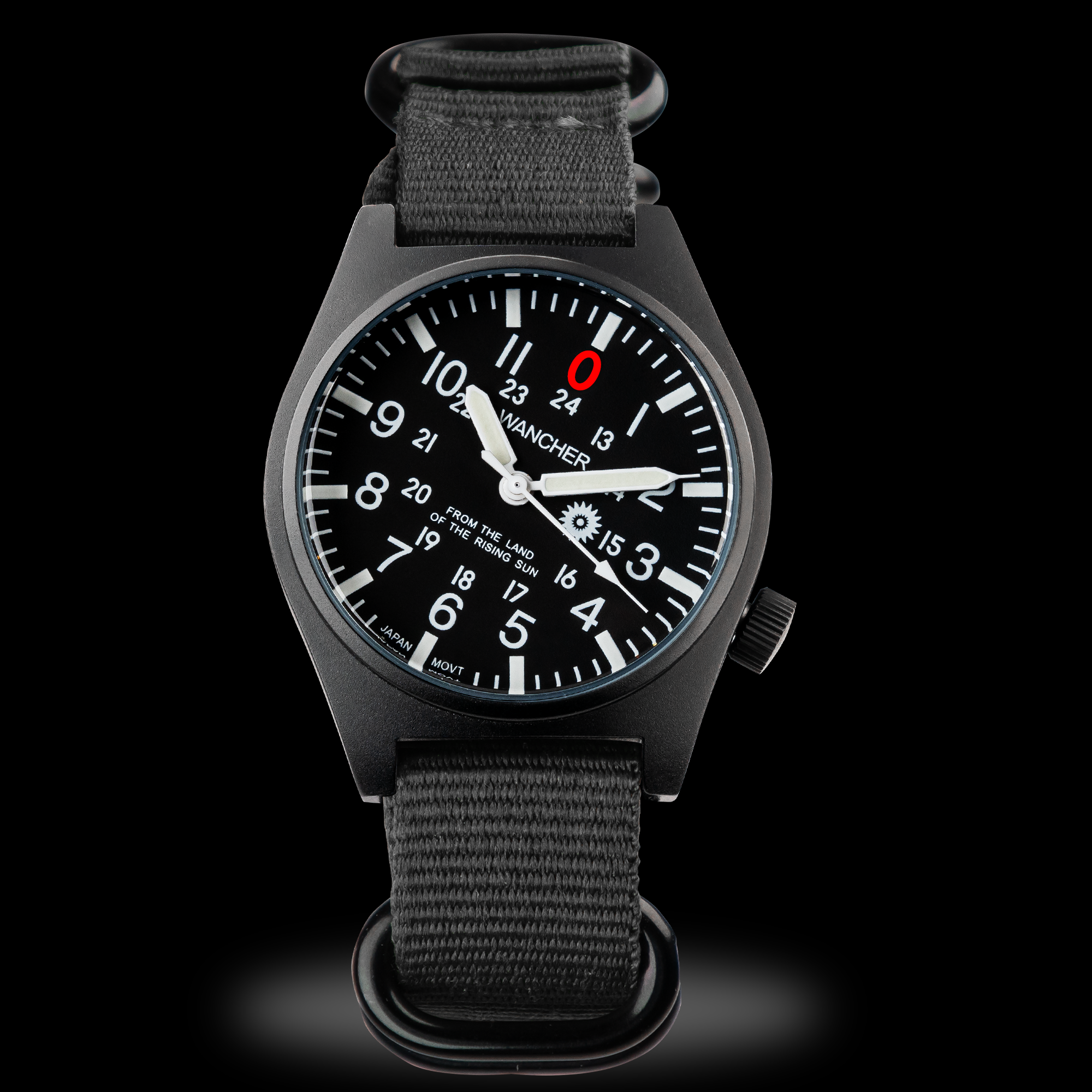 Close-up of Wancher Gurkha blackout dial with red zero marker and tilted face — affordable Japanese field watch for men