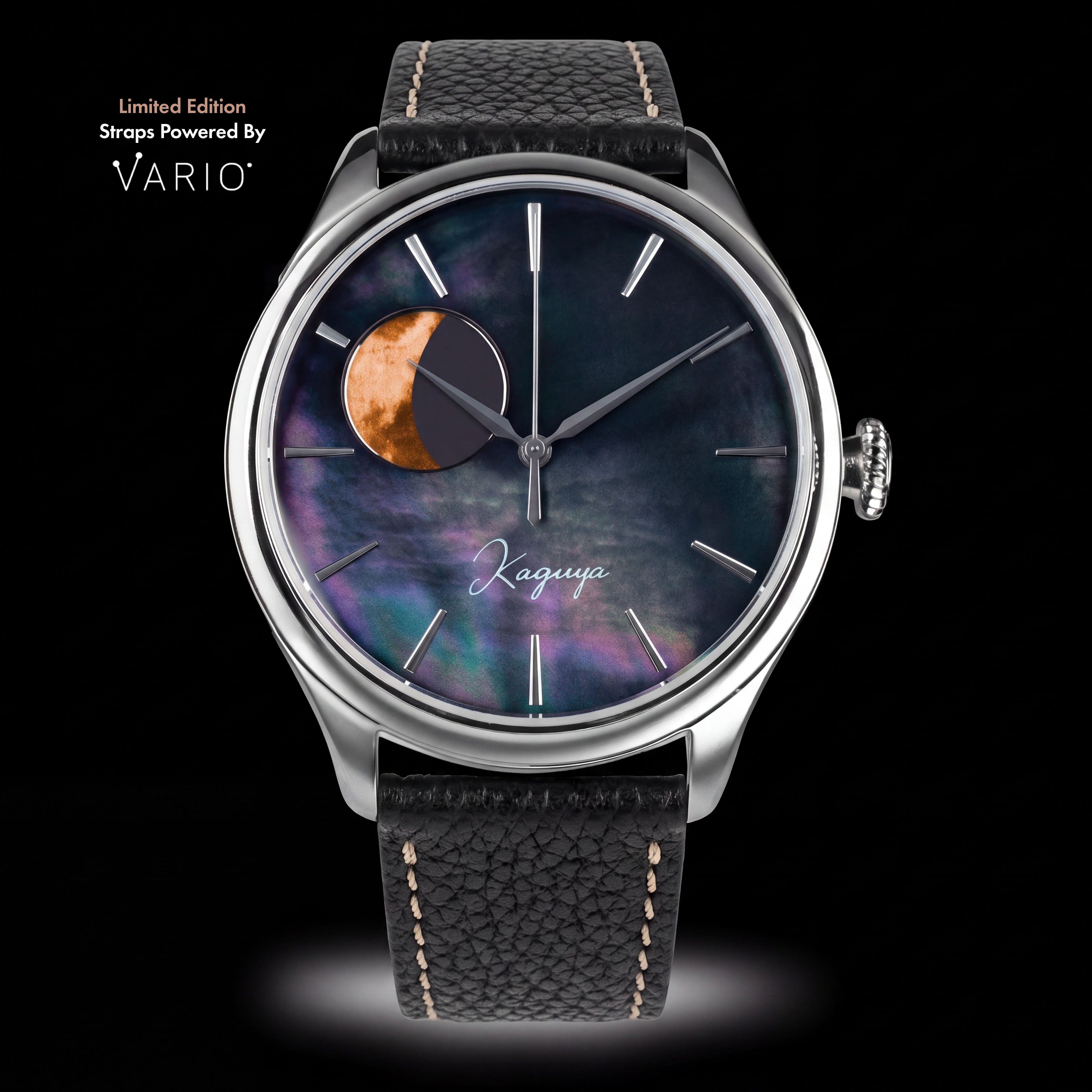 Vario everyday onxy black genuine italian leather watch strap on a wancher dream moonphase kaguya suigetsu watch 