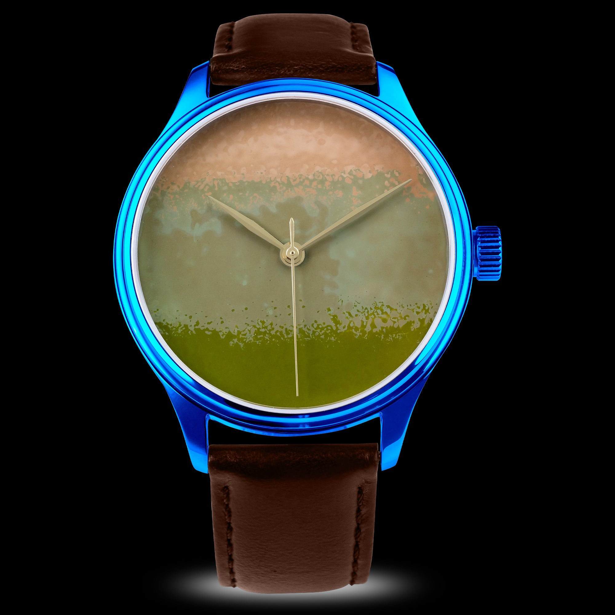Watch with a blue case and brown leather strap on a black background Dream Watch Chawan-Iro Matcha featuring authentic Urushi lacquer craftsmanship inspired by historic Japanese techniques