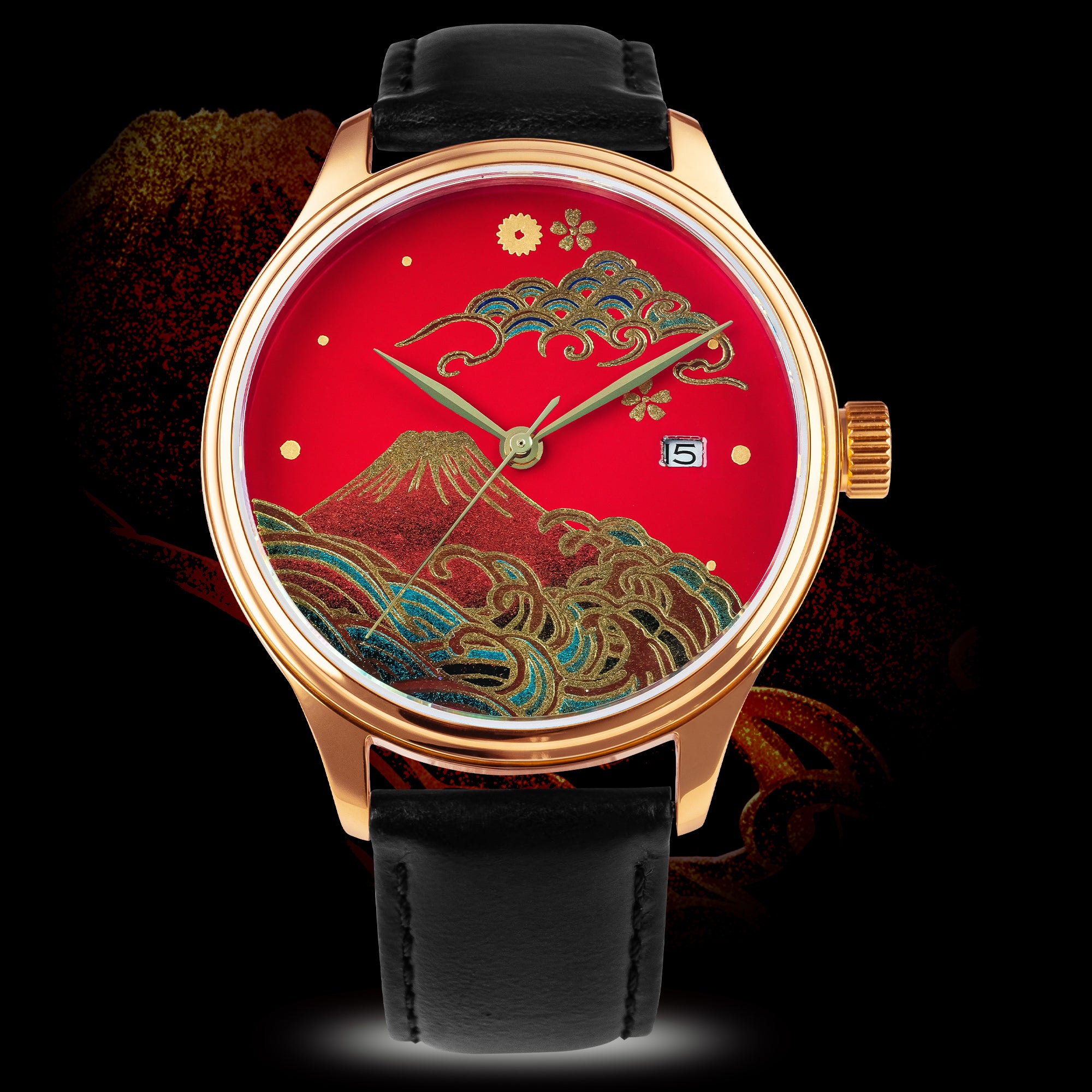 Bronze watch with red Japanese Urushi dial, Mount Fuji and wave design, black leather strap
