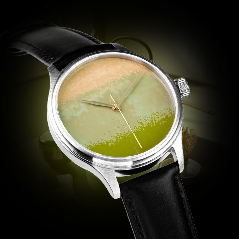 Wancher Dream Watch Chawan-Iro Matcha featuring Japanese Urushi lacquer dial with Ishime Tsuishitsu Nuri Kinma technique