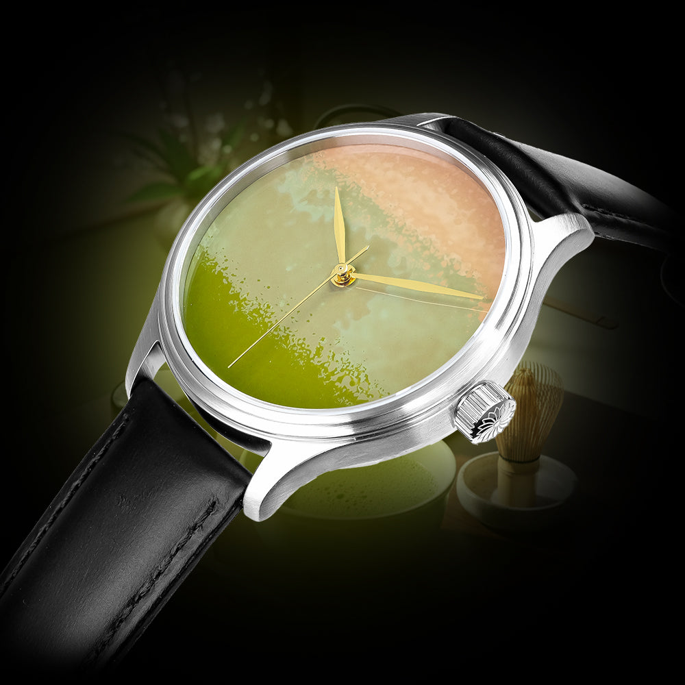 Handcrafted Dream Watch Chawan-Iro Matcha Urushi timepiece with traditional Ishime Tsuishitsu Nuri Kinma and maki-e dial art