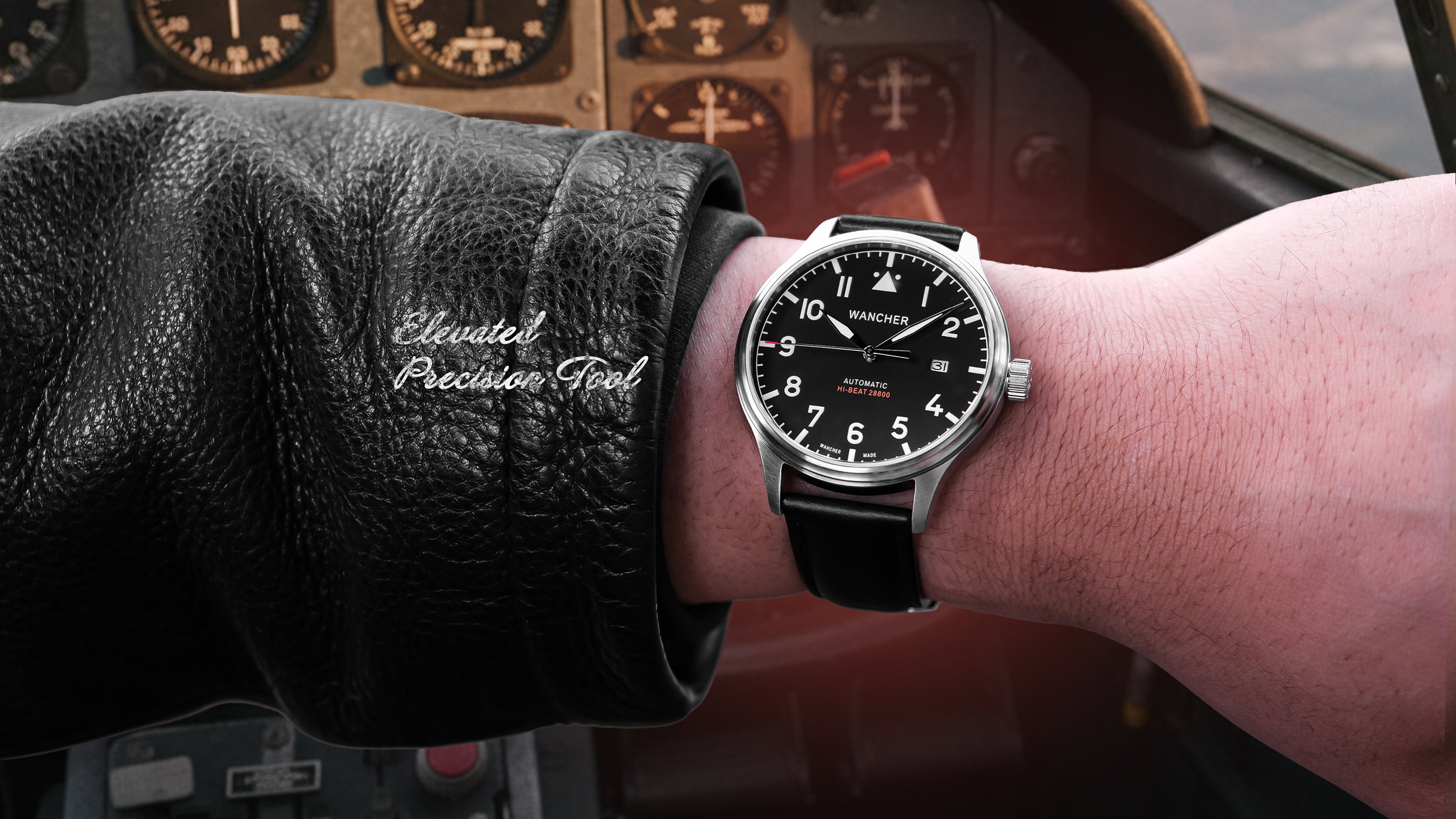 Wancher Watch Flugel on a wrist with a blurred cockpit background