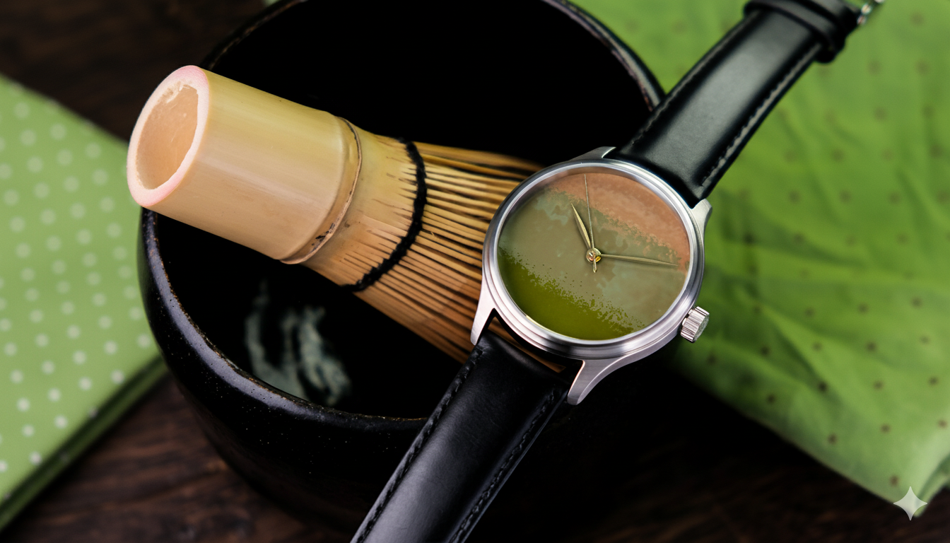 Dream Watch Chawan iro Matcha beside a Matcha Bowl and Matcha Whisk Urushi watches, Urushi Maki-e Urushi dial Wancher Watch 