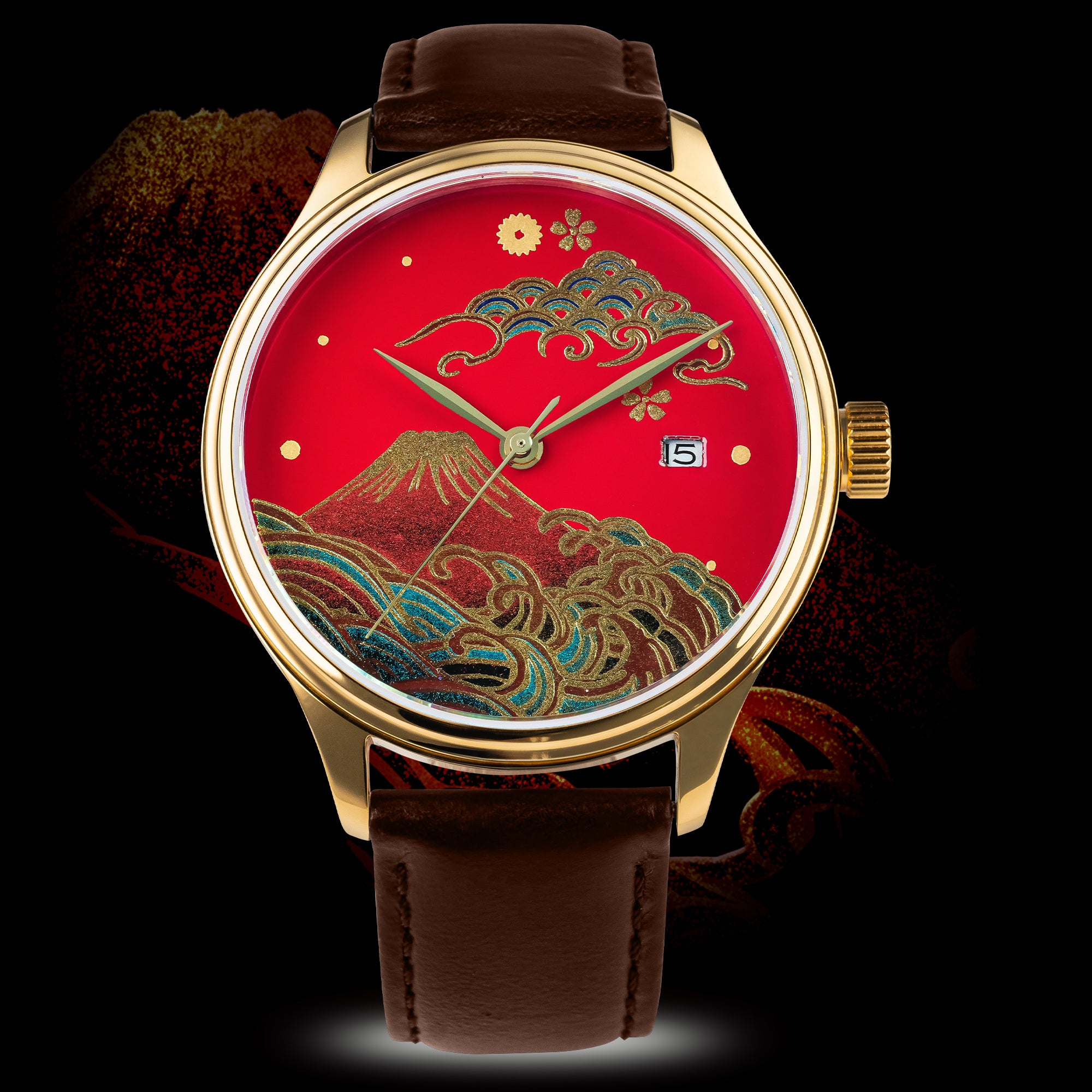 Gold wristwatch with red Japanese Urushi dial, Mount Fuji and wave design, brown leather strap