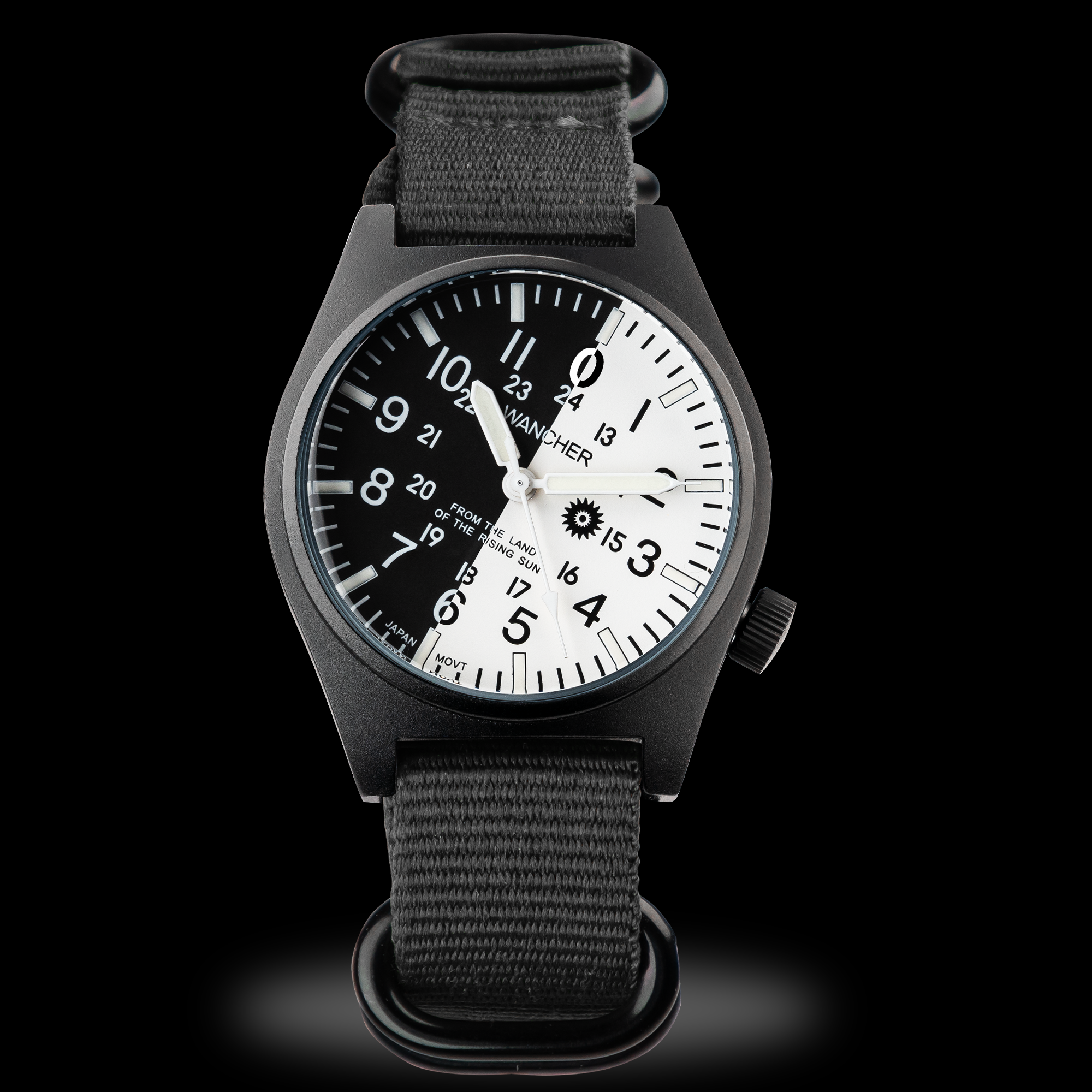 Wancher Gurkha field watch with green NATO nylon strap — rugged men's dress-casual watch, Japanese quartz, 36mm case