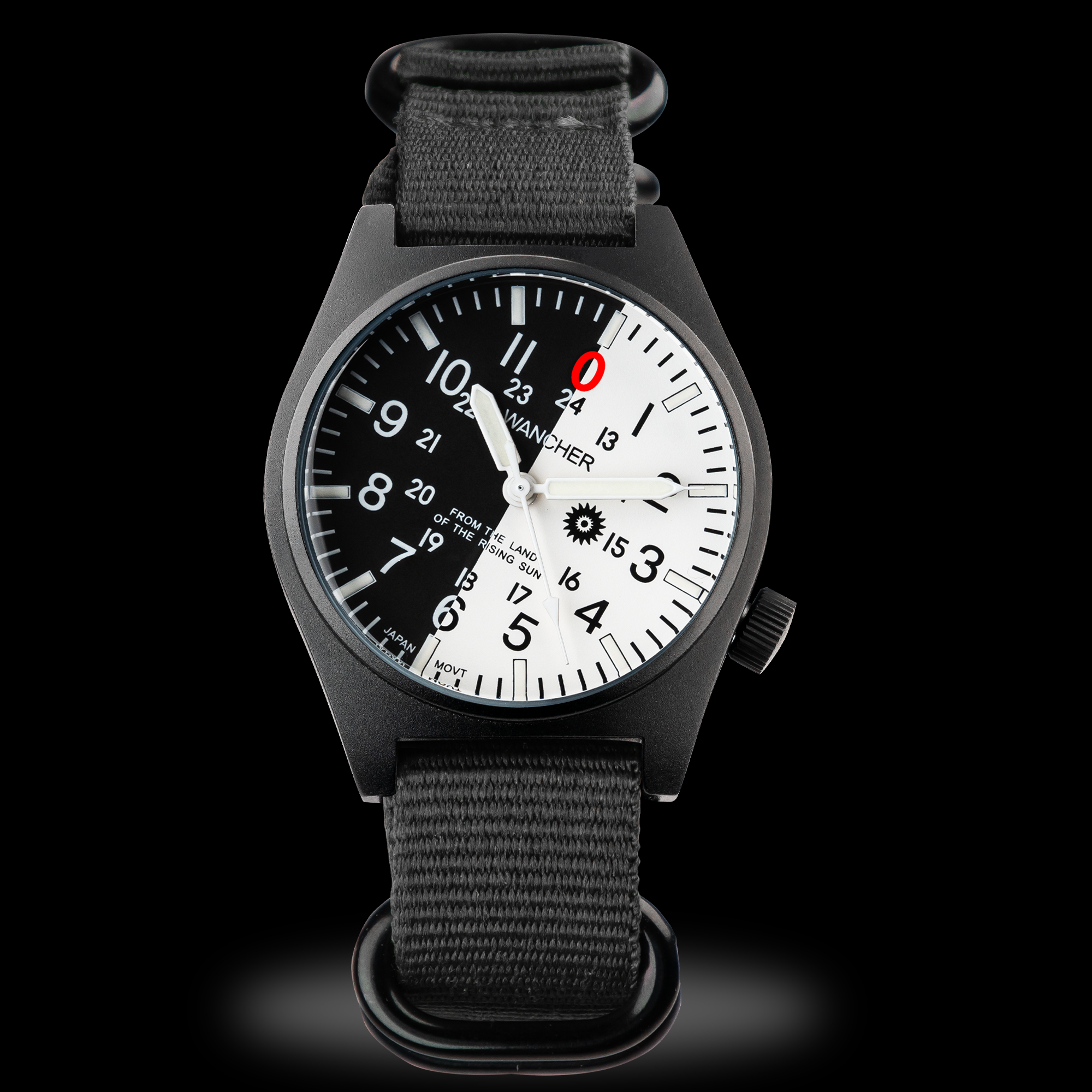 Black wristwatch with a white face on a black background Wancher Watch Gurkha 45 degree tilted dial dii 