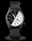 Black wristwatch with a white face on a black background Wancher Watch Gurkha 45 degree tilted dial dii 