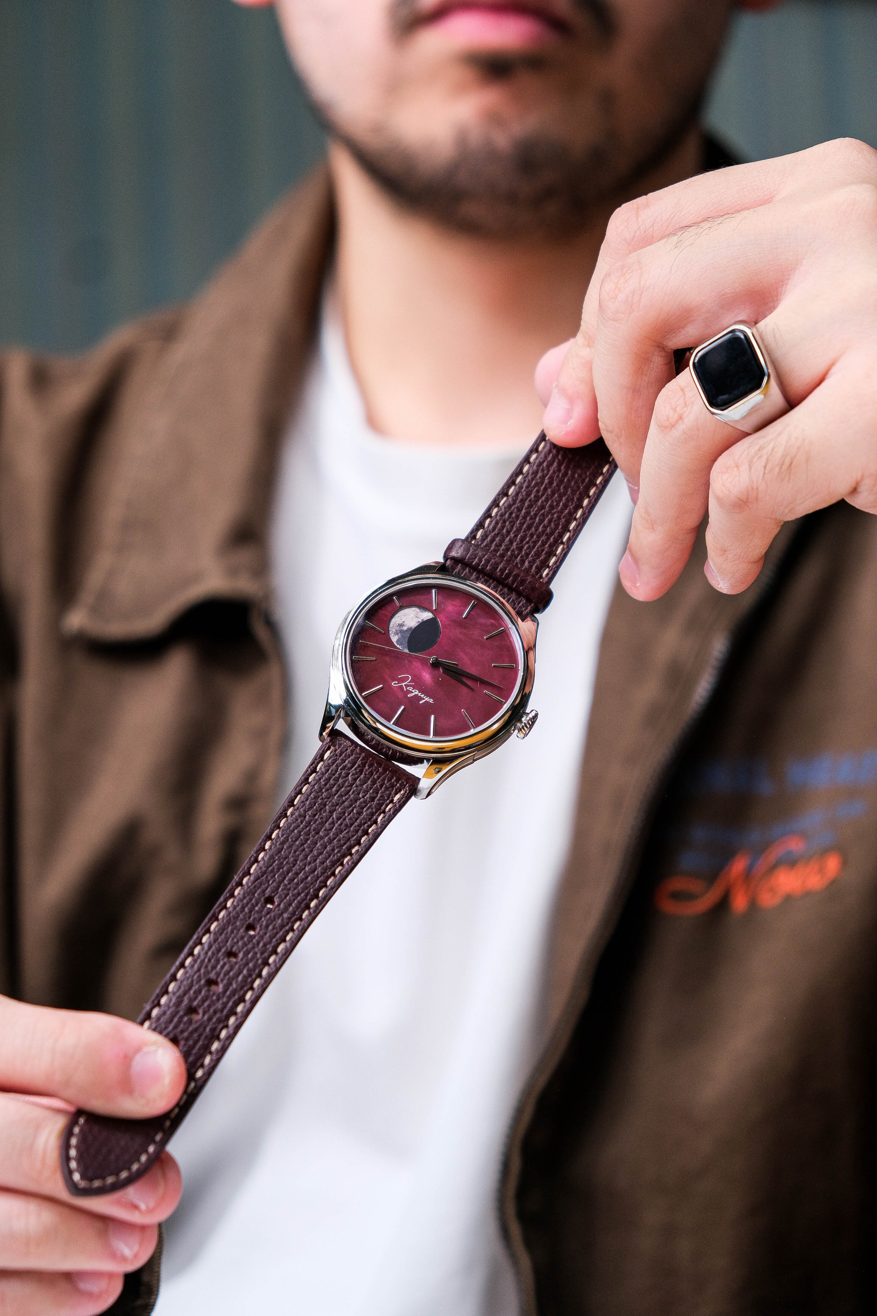 Wancher x Vario Everyday Leather epsom italian strap collaboration dream moonphase kaguya akane automatic watch with mother of pearl raden dial 