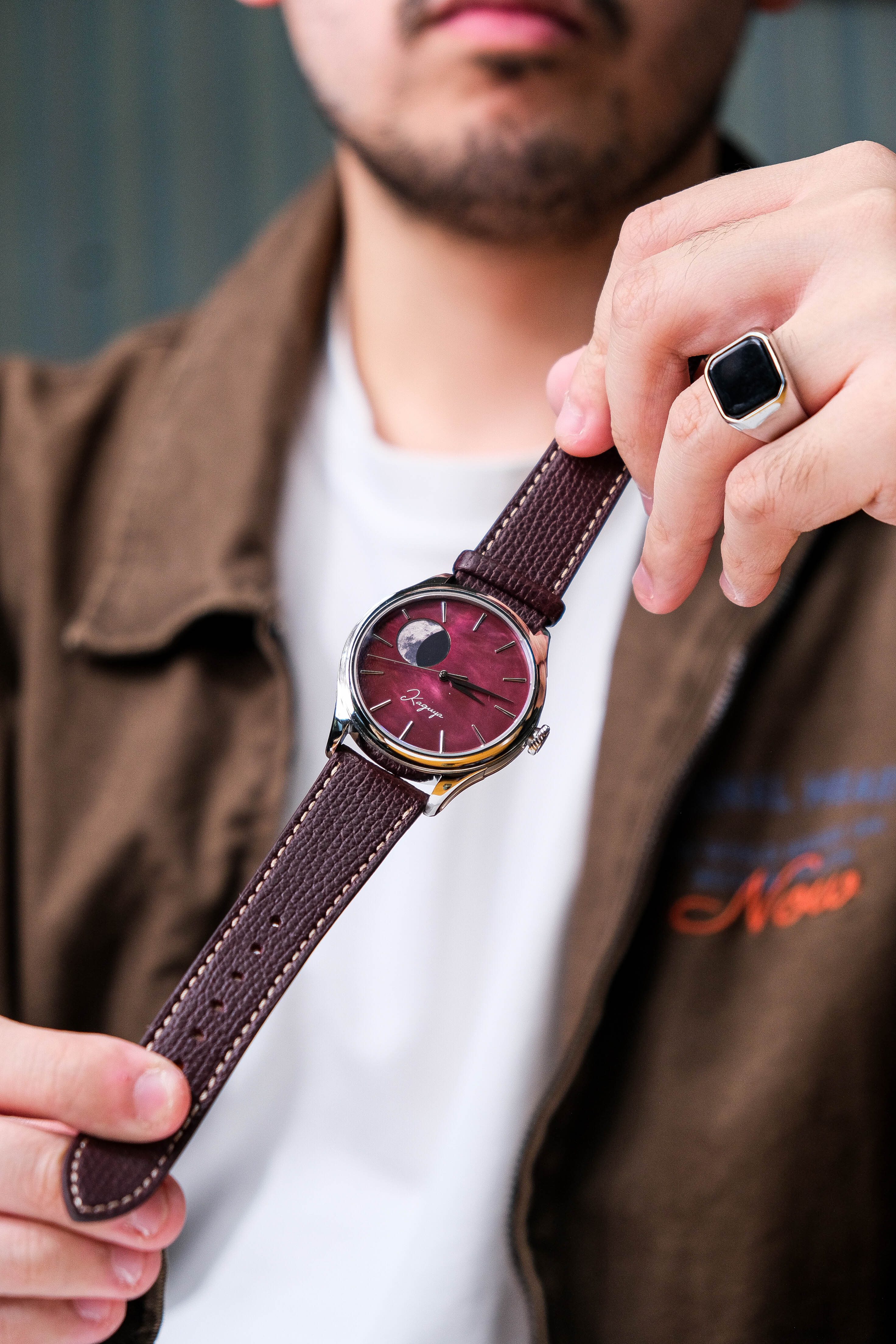 Wancher x Vario Everyday Leather epsom italian strap collaboration dream moonphase kaguya akane automatic watch with mother of pearl raden dial 