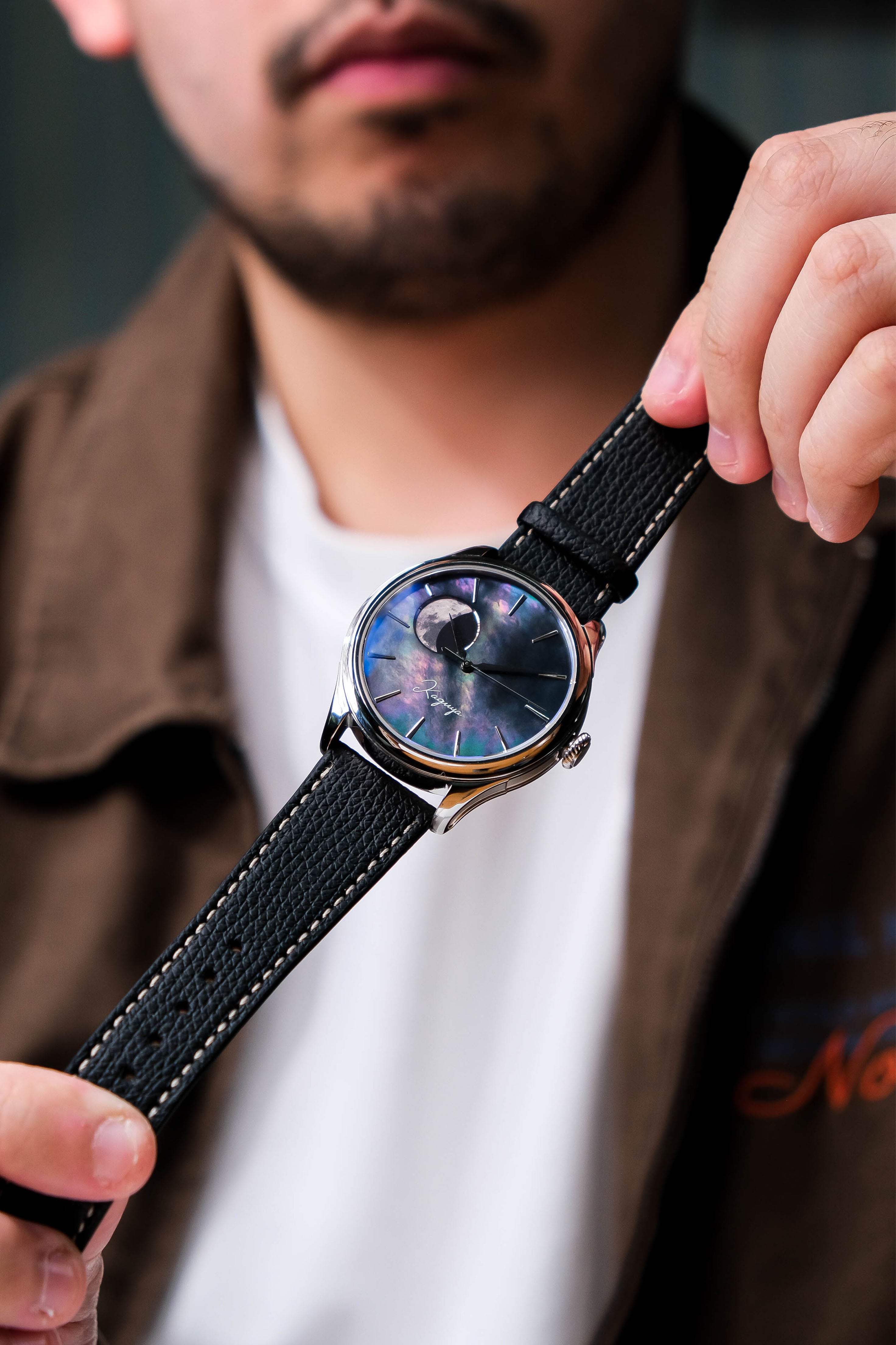 Wancher x Vario Everyday Leather epsom italian strap collaboration dream moonphase kaguya suigetsu automatic watch with mother of pearl raden dial 