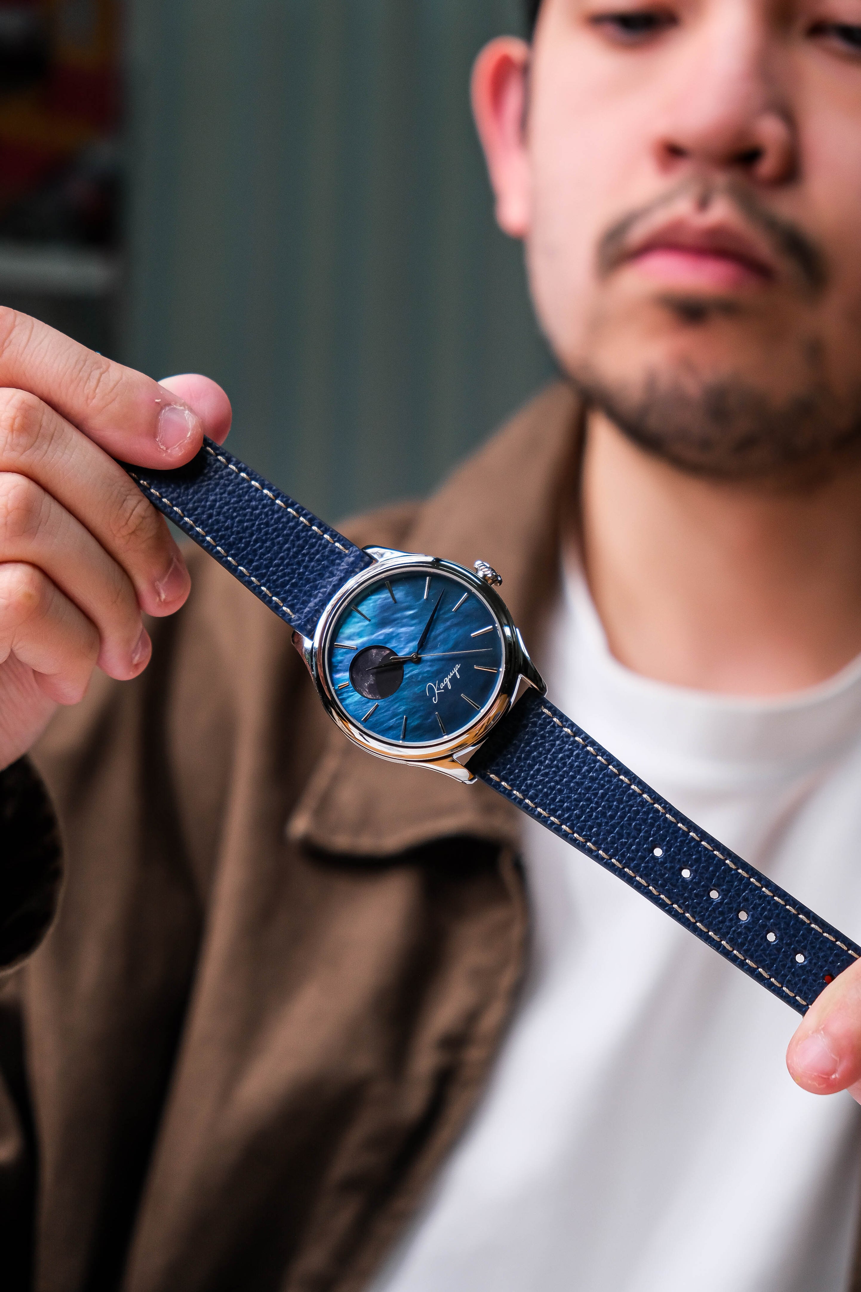 Wancher x Vario Everyday Leather epsom italian strap collaboration dream moonphase kaguya murasaki blue automatic watch with mother of pearl raden dial 