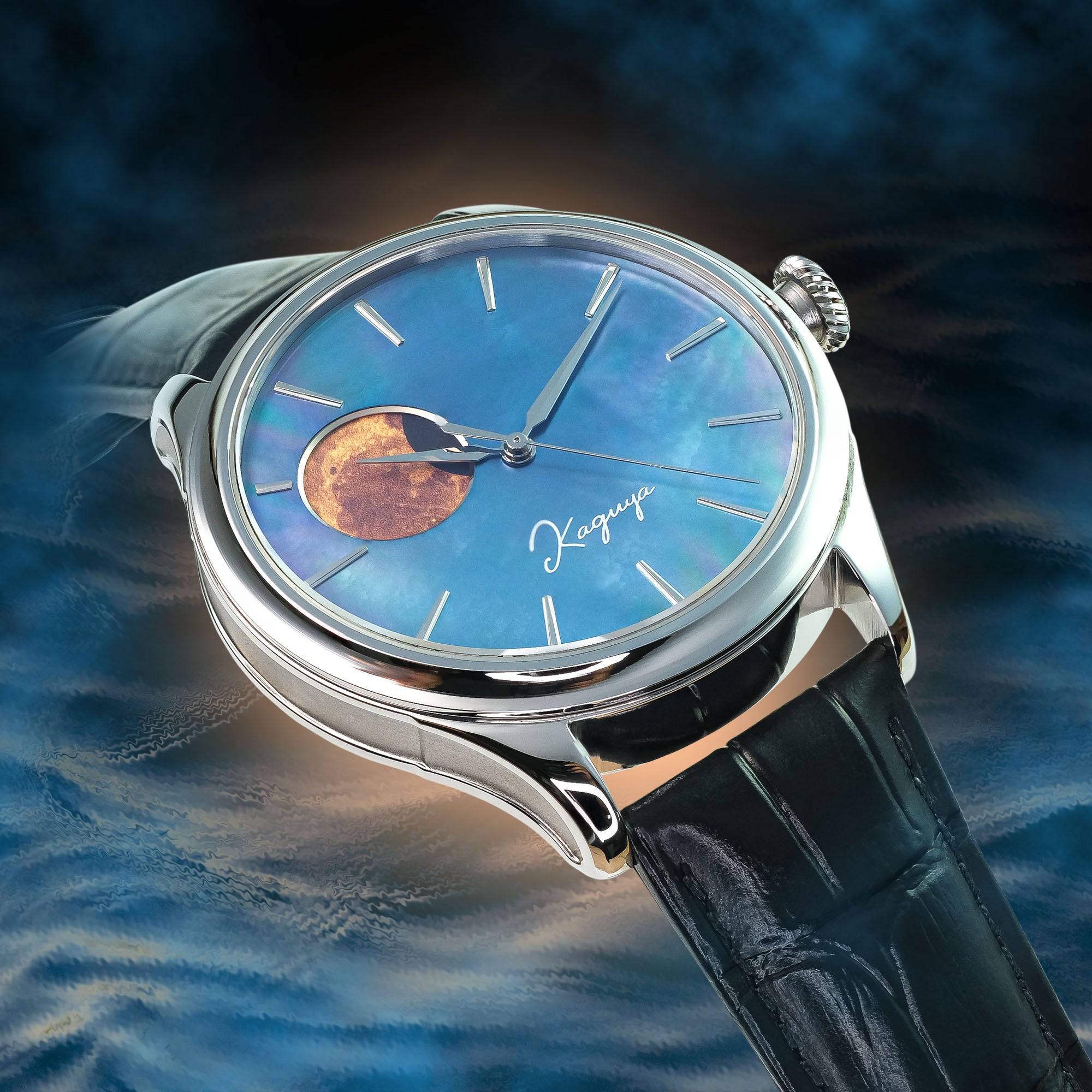 Elegant moonphase watch with raden mother of pearl and urushi artistry